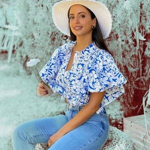 Zara floral blue white ruffle Xs